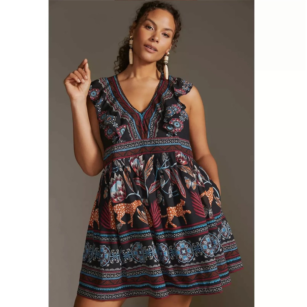 ANTHROPOLOGIE Ruffle V Neck Plunge Tunic Printed Mini Dress Pockets - Size L